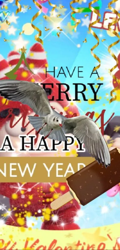 Festive Merry Christmas and Happy New Year wallpaper with colorful design.