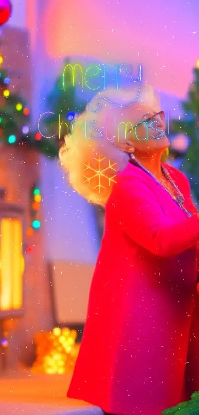 Elderly woman decorating Christmas tree with colorful lights.