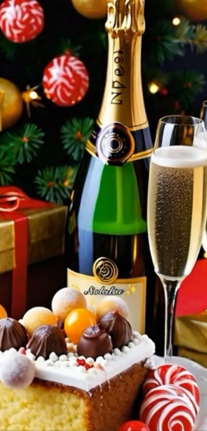 Festive scene with champagne, cake, and holiday gifts.