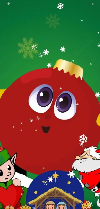 Festive wallpaper with Santa, elf, and red ornament on green background.