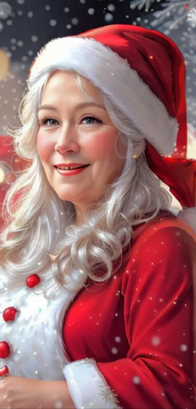 Smiling woman in Santa outfit with festive holiday background.