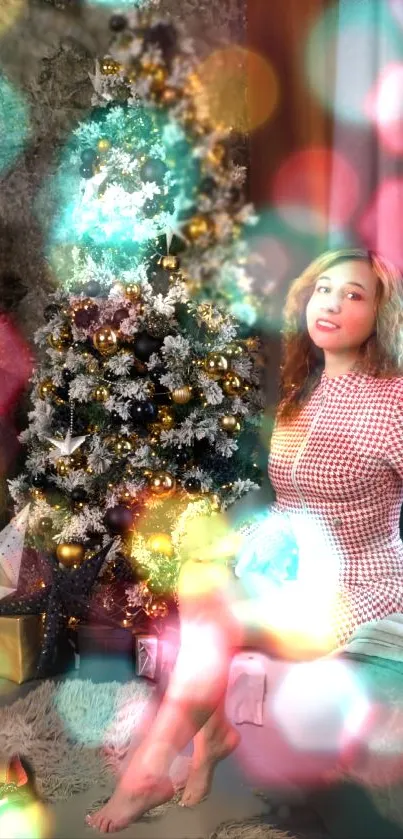 Joyful holiday scene with Christmas tree and festive lights.