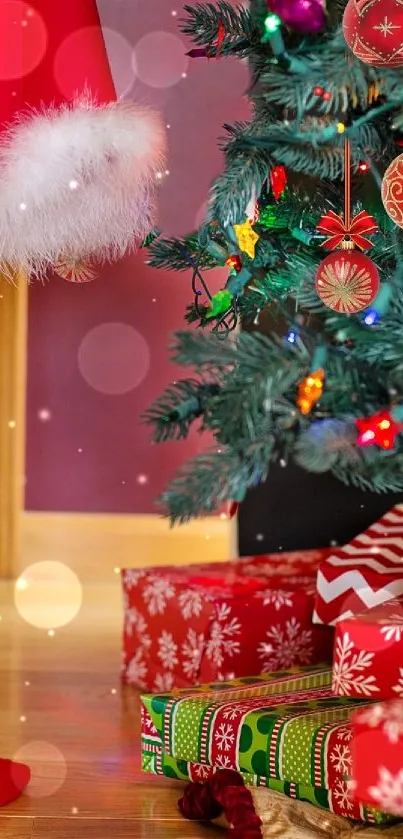 Christmas scene with tree and gifts in red.