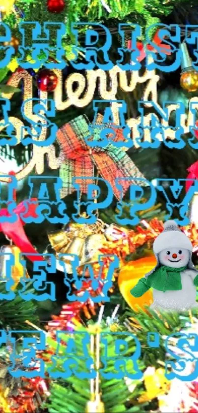 Colorful Christmas and New Year wallpaper with snowman and festive decorations.