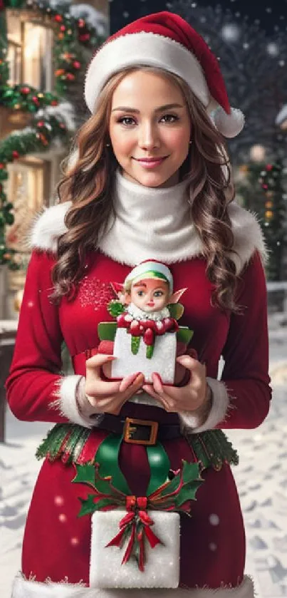 Woman in Santa outfit with gift in snowy village.