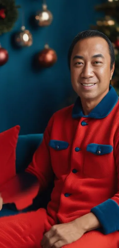 A person in red pajamas with festive holiday decorations.