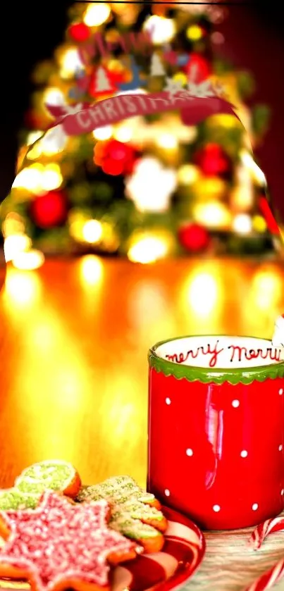 Festive holiday wallpaper with red mug, cookies, and Christmas tree.