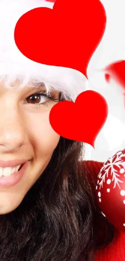 Festive wallpaper with red hearts and Christmas theme.