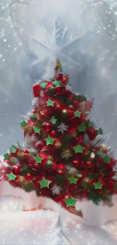 Vibrant Christmas tree with red and green decorations in a snowy background.