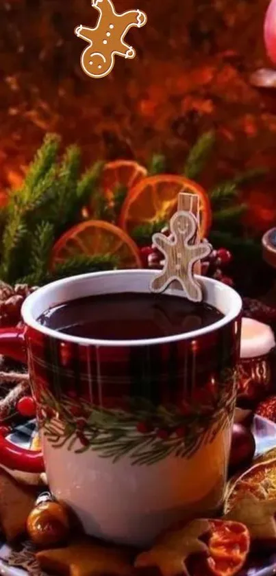 Festive coffee mug with gingerbread decoration.