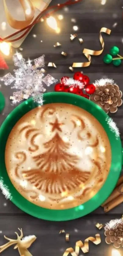 Festive coffee art with holiday decor in a green cup.