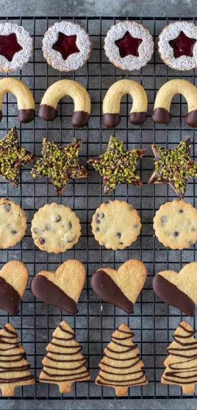 Assorted holiday cookies on cooling rack.