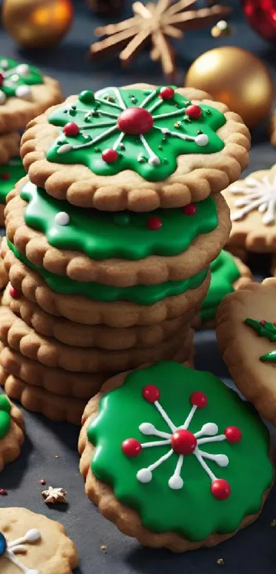 Festive cookies with colorful icing and decorations.