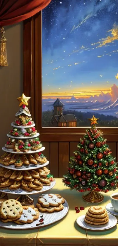 Festive table with cookies and Christmas tree by a window with a starry sky.