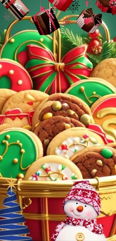 Colorful Christmas cookies in a festive basket with a snowman.
