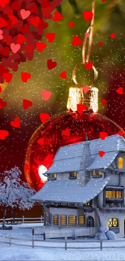 Snow-covered cottage with red ornament and heart accents wallpaper.