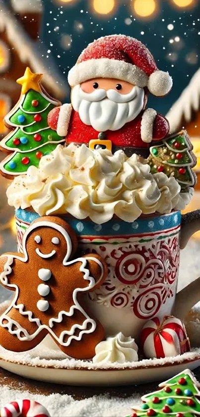 Festive ornamented cup with Santa and cookies.