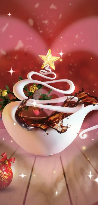 Festive wallpaper with coffee cup and Christmas star decorations.