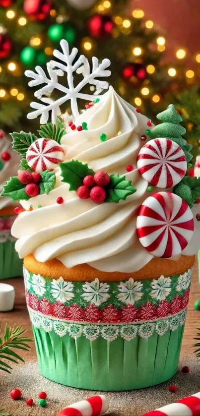 Festive holiday cupcake with candy decorations.