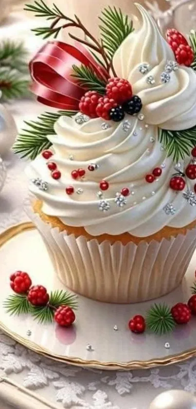 Festive holiday cupcake with berries and cream.