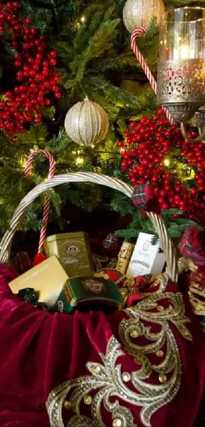 Festive holiday decor with red and green accents, featuring candles and a gift basket.