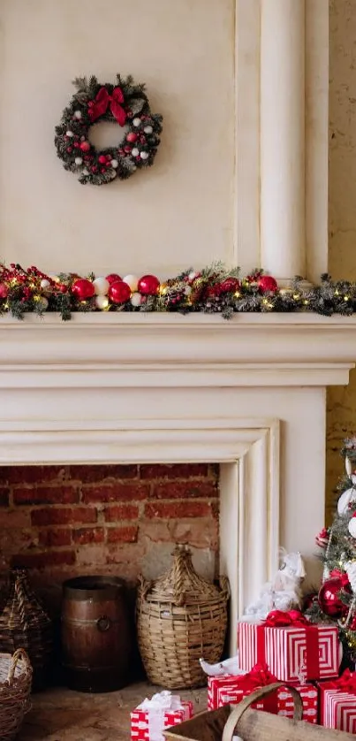 Christmas tree and fireplace with red decorations.