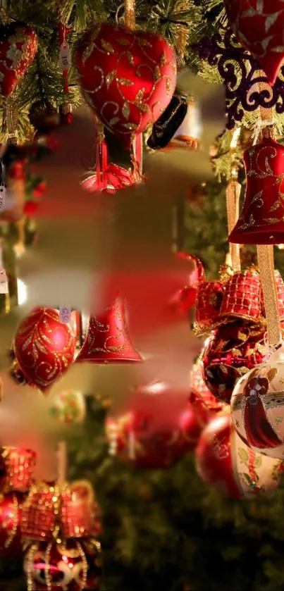 Colorful Christmas ornaments hanging in festive display