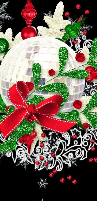 Festive holiday wallpaper with ornaments, disco ball, and red ribbons in green and white.