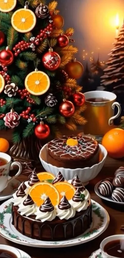 Festive dessert table with Christmas tree and orange decor.