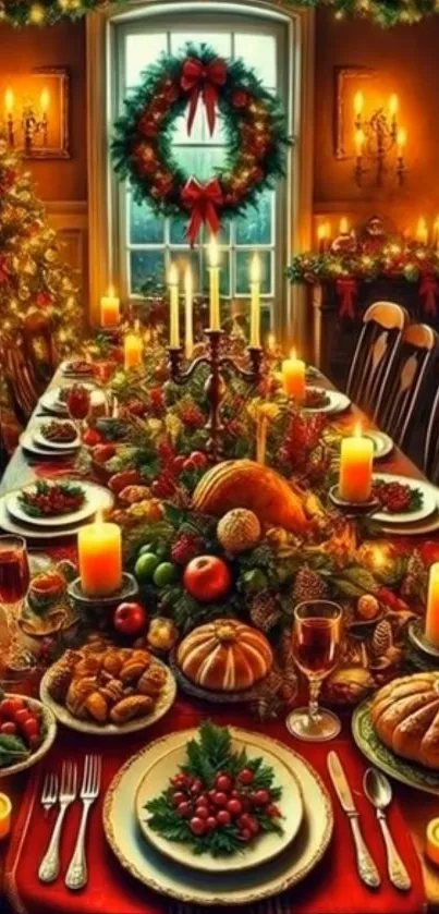Festive holiday dinner table with Christmas decorations.