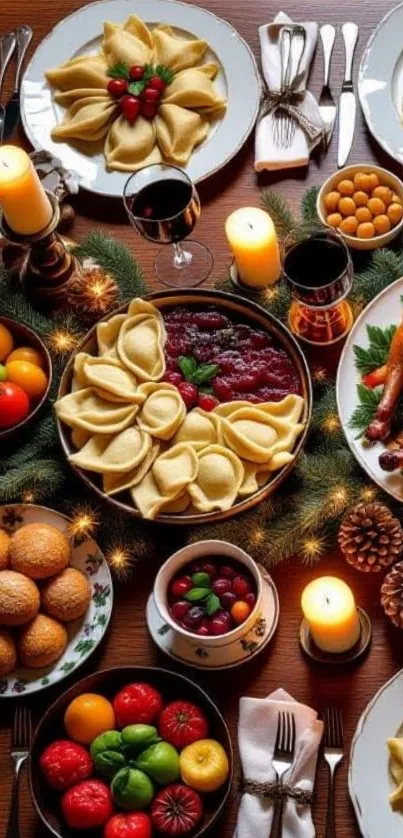 Festive holiday dinner table with food and candles.
