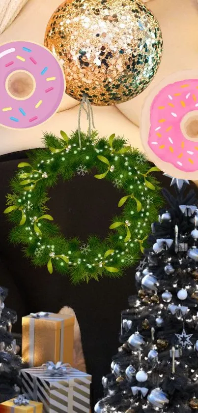 Festive holiday wallpaper with donuts, wreaths, and Christmas trees.