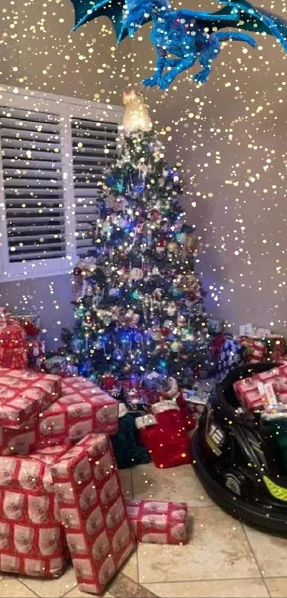 Blue dragon over Christmas tree with gifts.