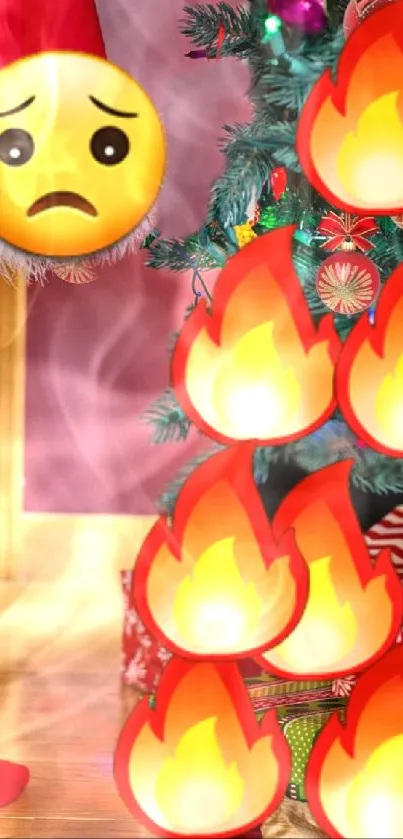 Festive Christmas tree and emojis wallpaper with holiday spirit.