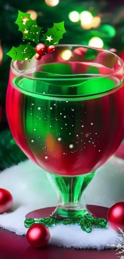 Festive red and green drink with Christmas decorations.