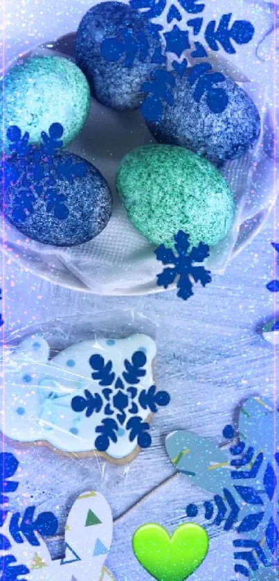 Colorful Easter eggs with blue snowflakes on a festive wallpaper.