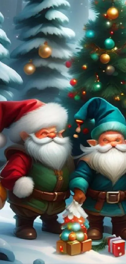 Two cheerful elves in a festive winter scene.