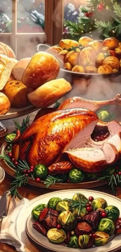 A festive holiday feast with roasted turkey and seasonal decorations.