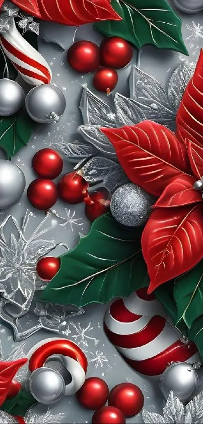 Festive Christmas wallpaper with poinsettias and ornaments