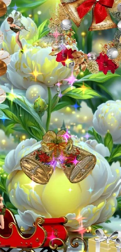 Festive floral holiday wallpaper with ornaments and a sleigh.