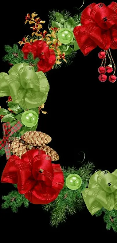 Festive floral wreath design with red and green ribbons on black background.