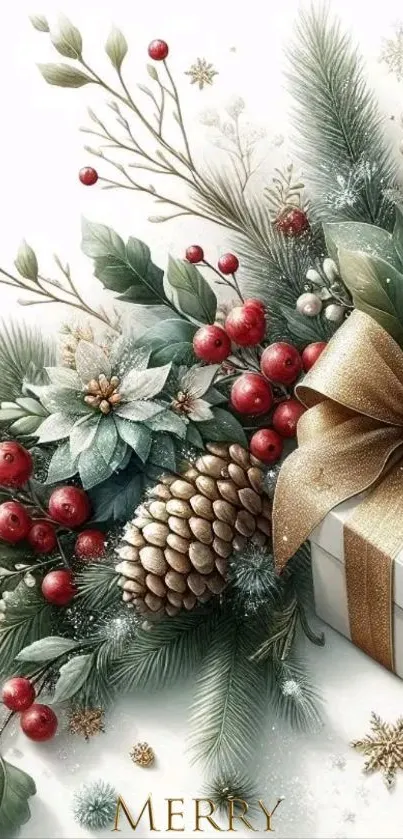 Festive holiday gift with pine and berries.