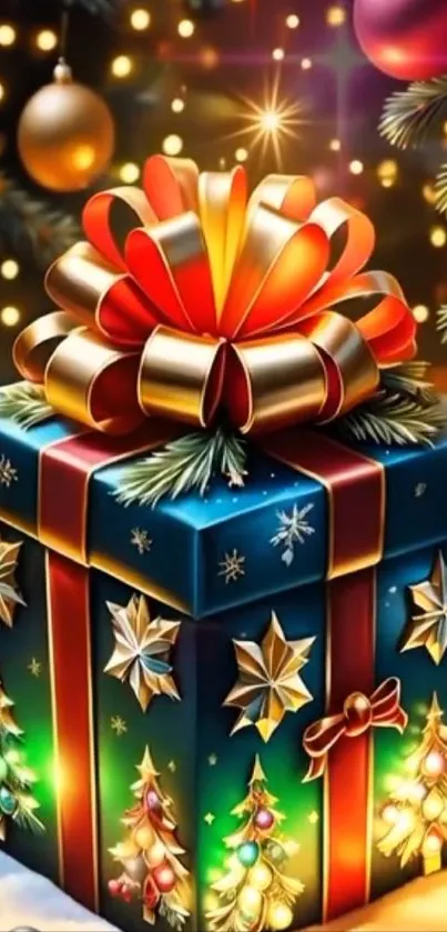 Festive gift box with Christmas decorations in vibrant colors.