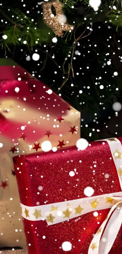 Gift boxes with red and gold wrapping under a Christmas tree.