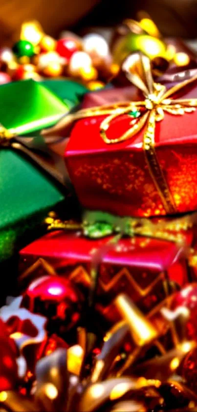 Festive mobile wallpaper with colorful Christmas gift boxes and ribbons.