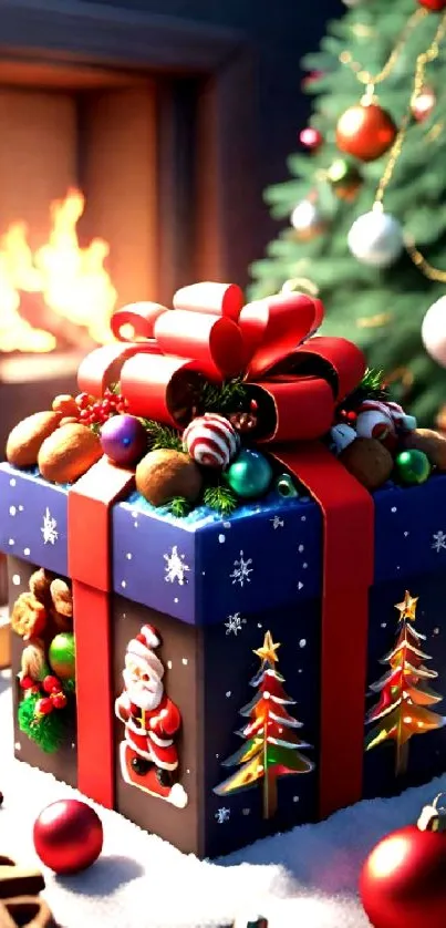 Festive gift box with Christmas decorations and a cozy fireplace.