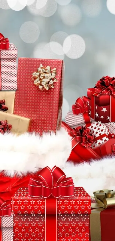 Red holiday gifts with snowflakes and bokeh background on a festive wallpaper.