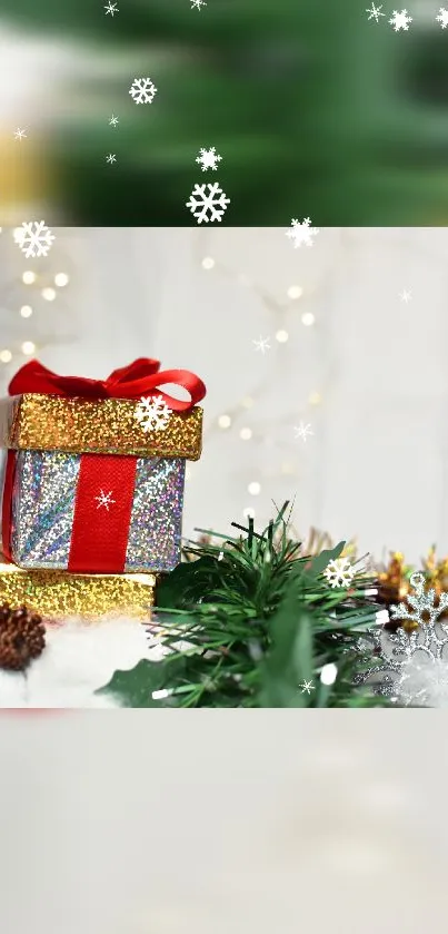 Festive wallpaper featuring a sparkling gift box with snowflakes.