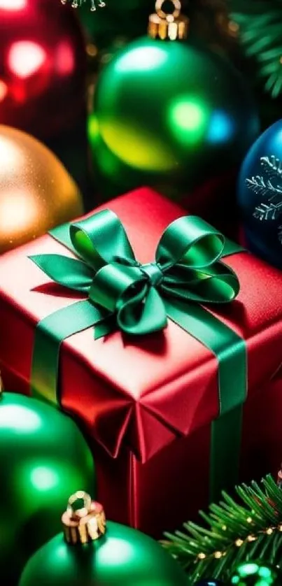 Red gift box surrounded by colorful ornaments and pine branches.