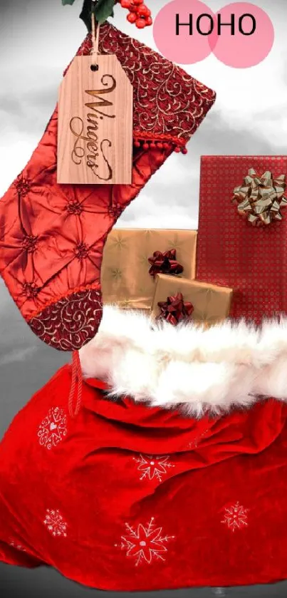Festive holiday wallpaper with red stocking and Christmas gifts.